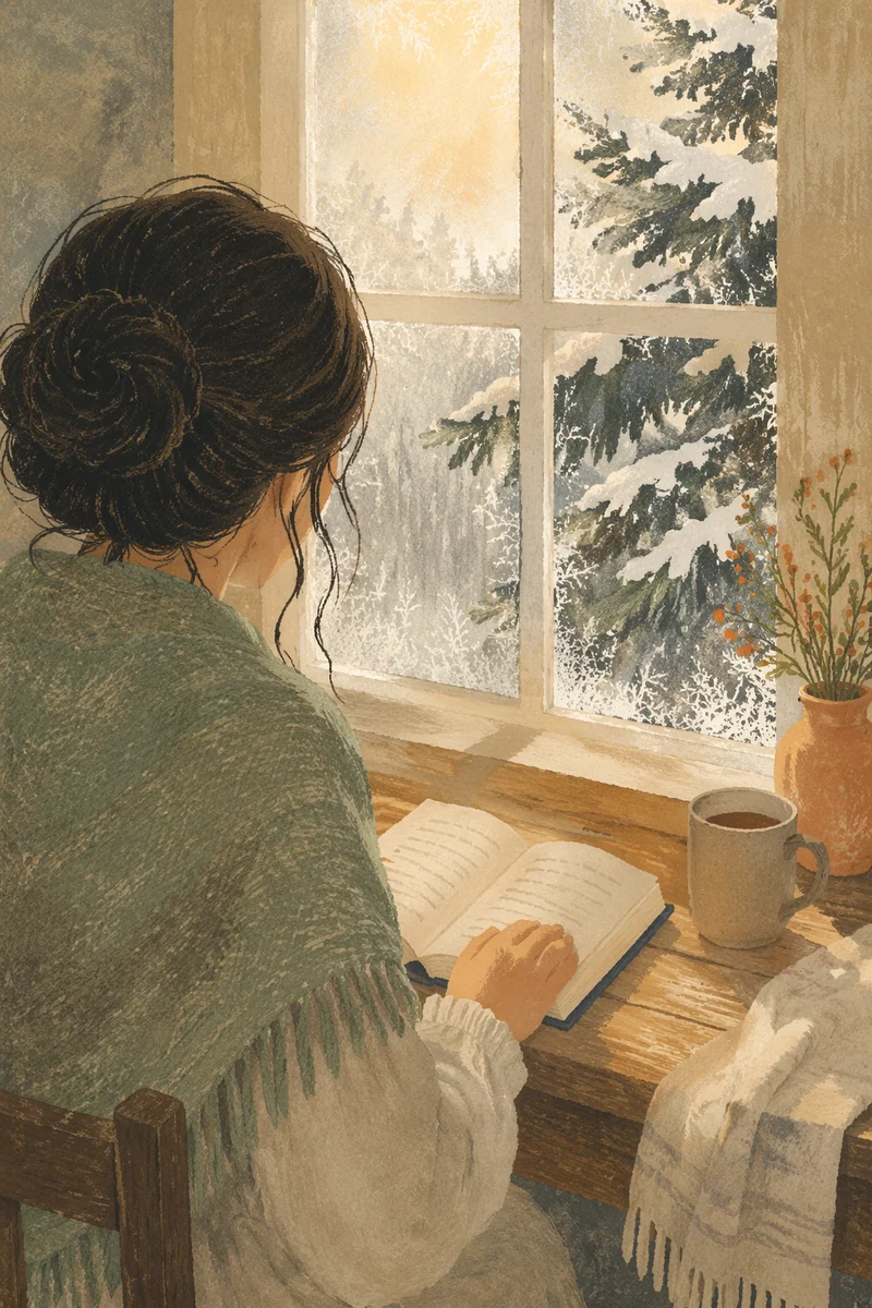 Woman Reading Bible by Snowy Window