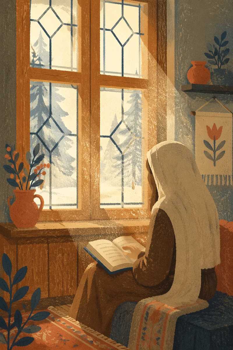 Quiet Bible Reading by Evergreen Window