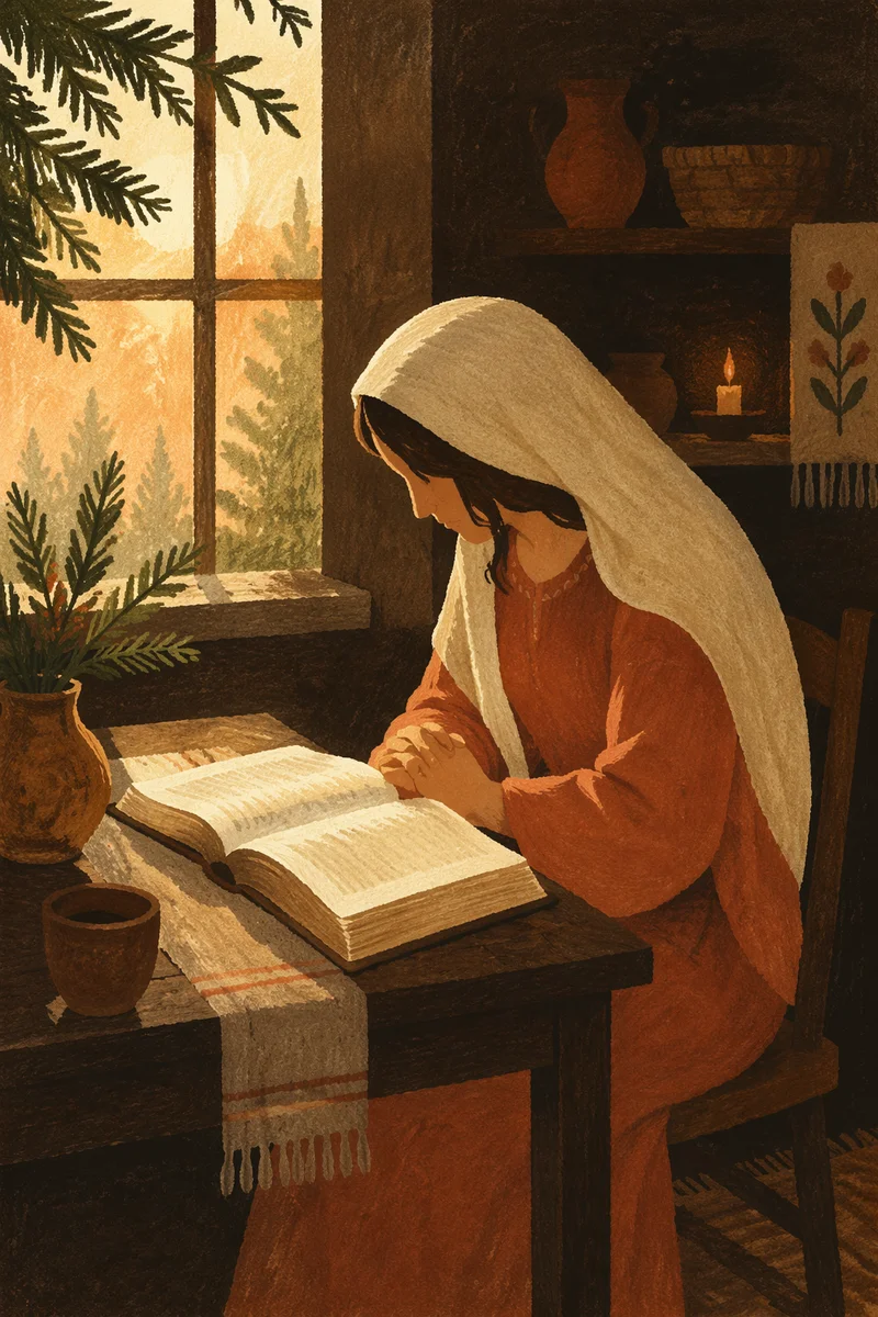 Woman Reading Bible by Evergreen Window