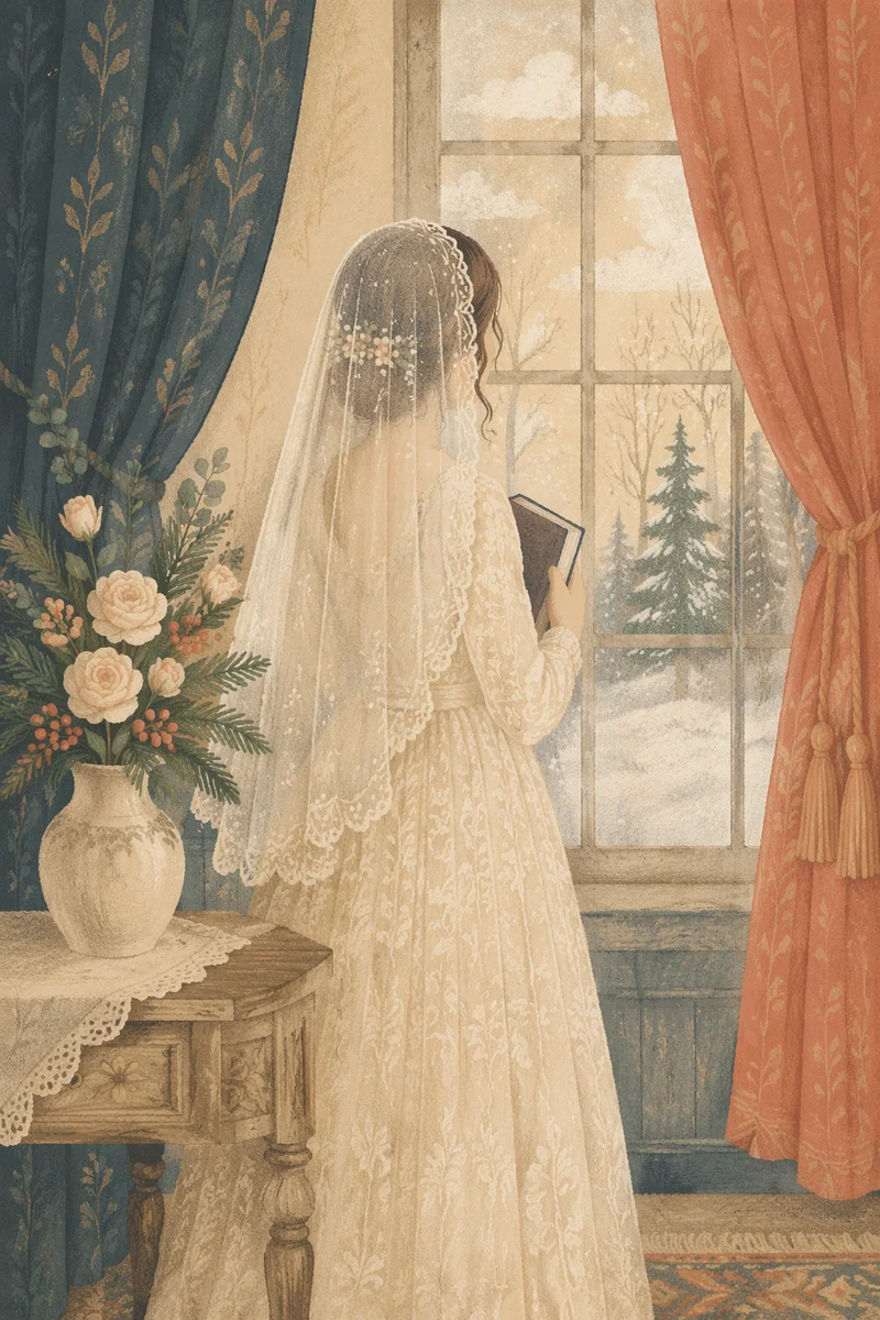 Veiled Woman Reading Bible by Winter Window