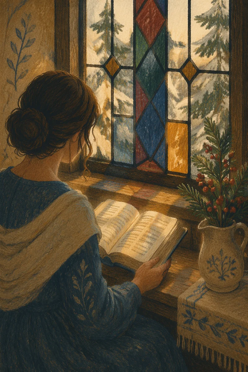 Woman Reading Bible by Stained Glass Window