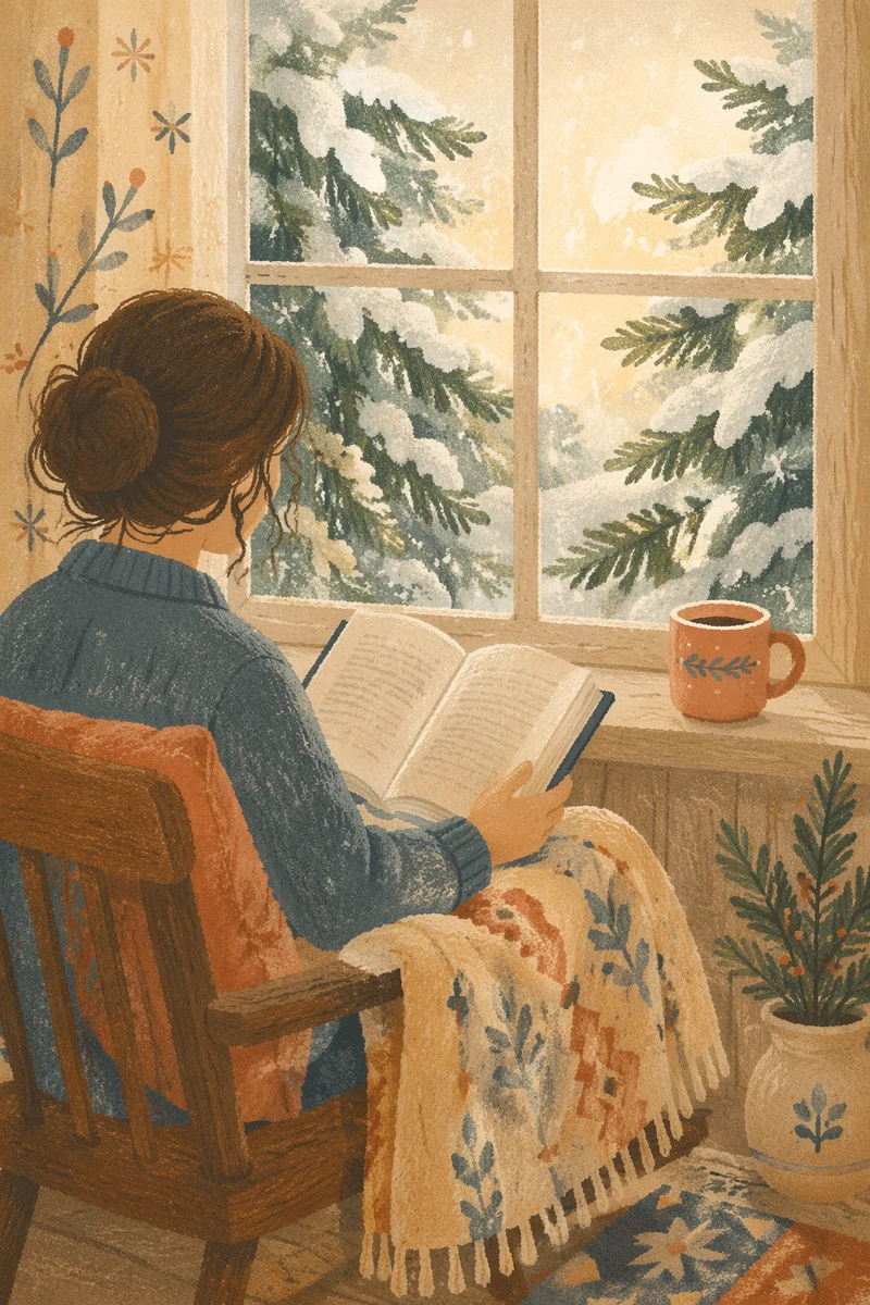 Quiet Bible Reading by Snowy Evergreen Window