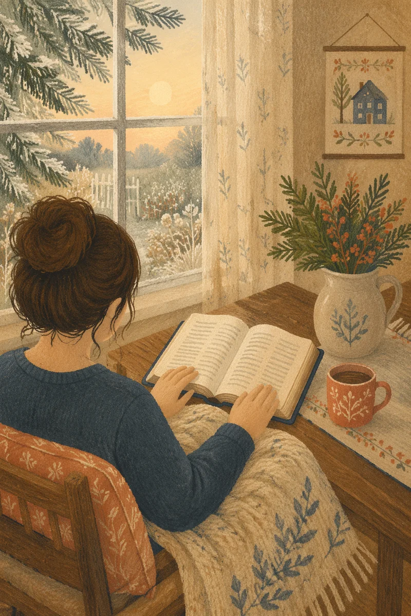 Woman Reading Bible by Frosted Farmhouse Window