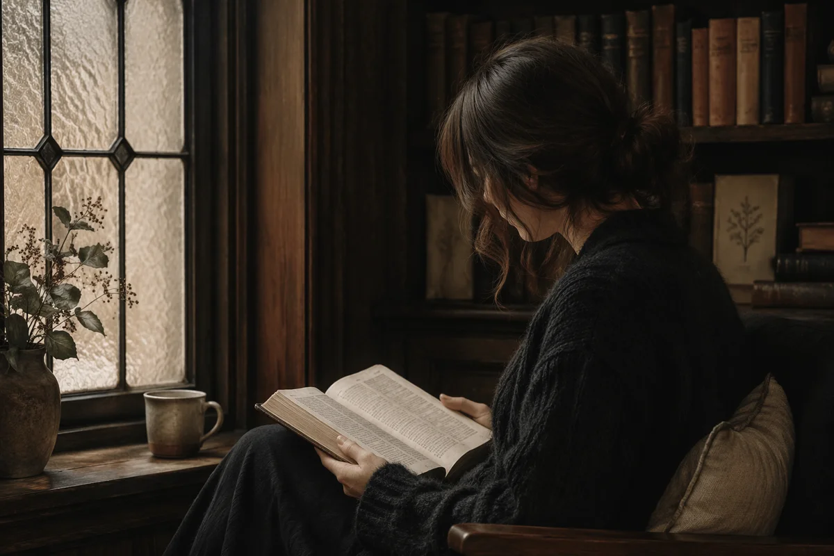 Woman Reading Bible by Frosted Window