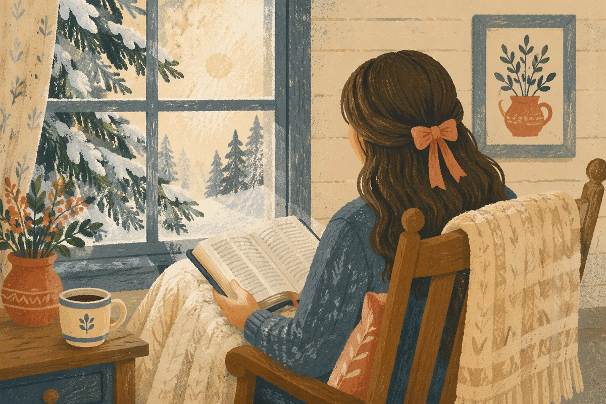 Woman Reading Bible Beside Winter Window