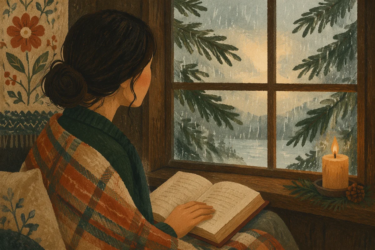 Woman Reading Bible by Rainy Cottage Window