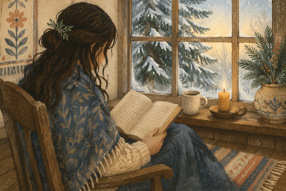 Woman Reading Bible Beside Winter Window