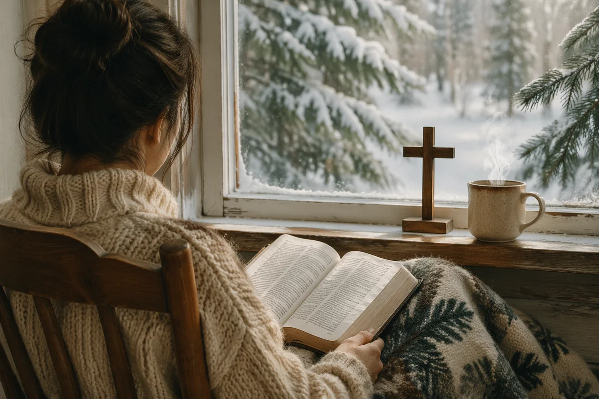 Woman Reading Bible by Snowy Cottage Window