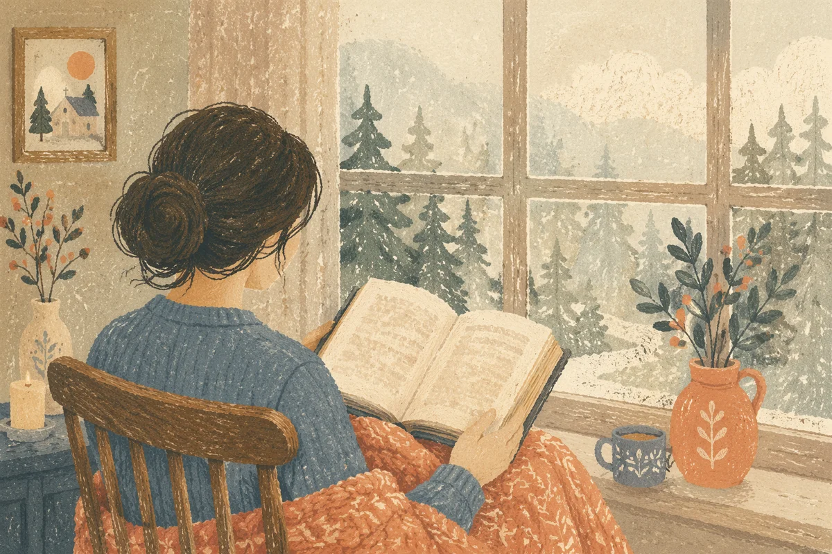 Woman Reading Bible by Winter Window