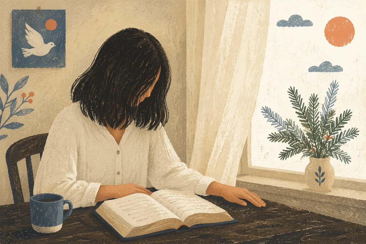 Woman Reading Bible by Bright Window