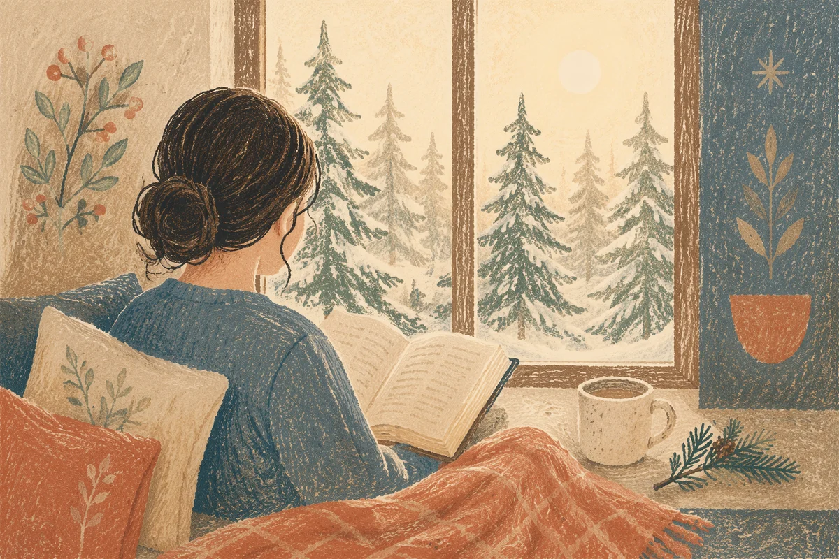 Woman Reading Bible by Frosted Evergreen Window