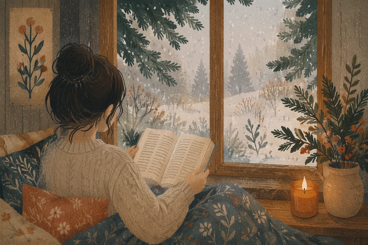 Woman Reading Bible by Rainy Evergreen Window
