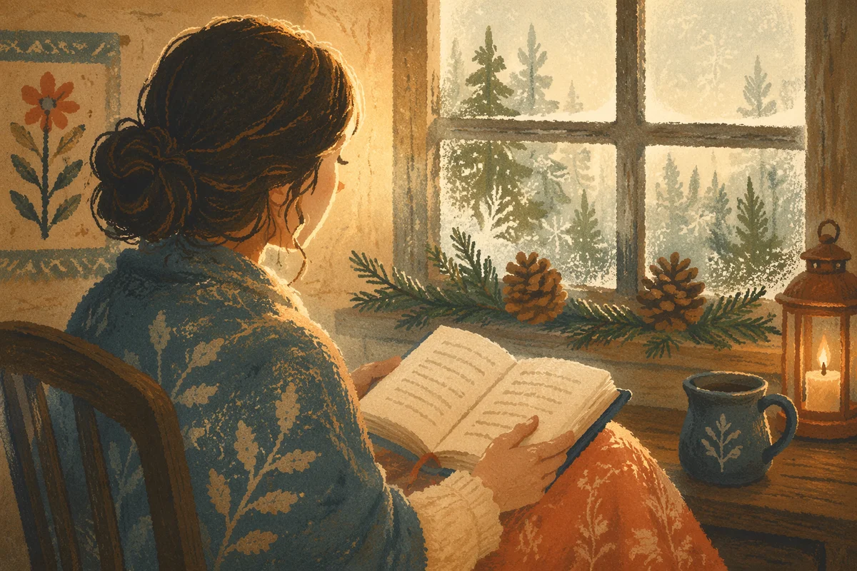 Woman Reading Bible by Evergreen Window