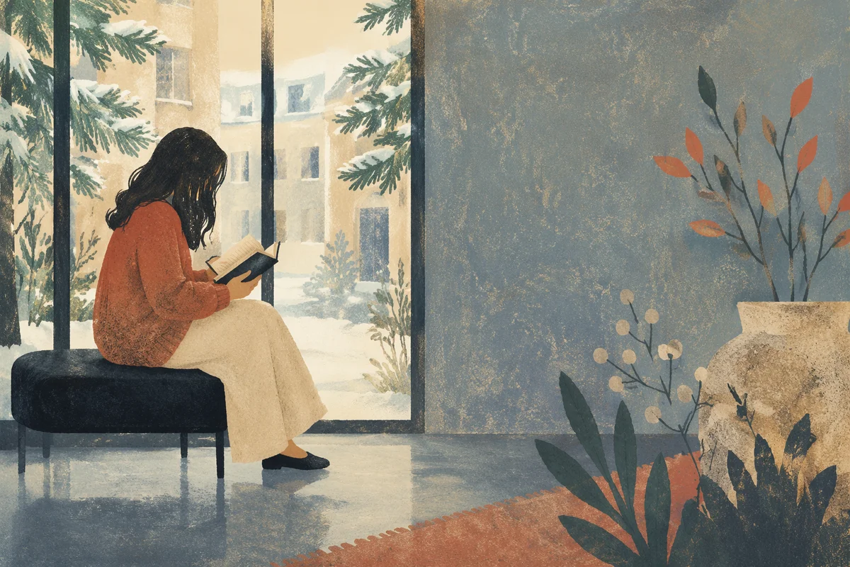 Woman Reading Bible Beside Evergreen Window