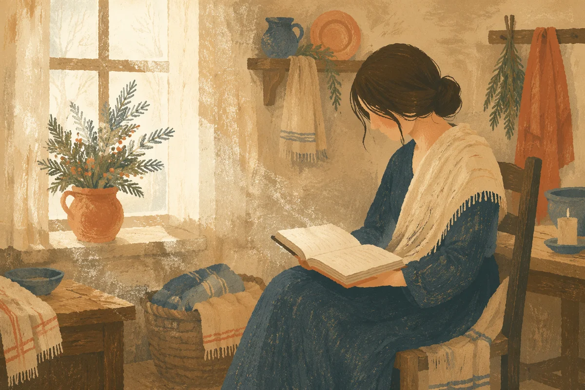 Woman Reading Bible Beside Winter Window