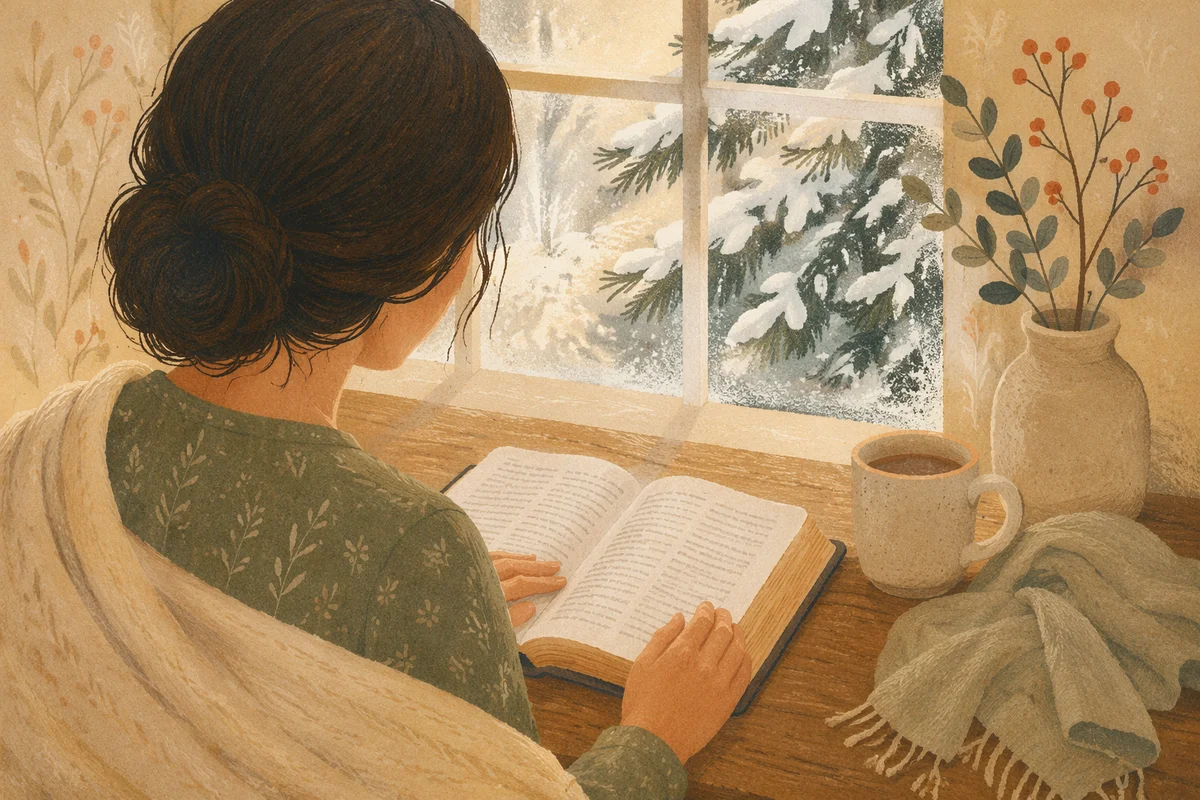 Woman Reading Bible Beside Evergreen Window