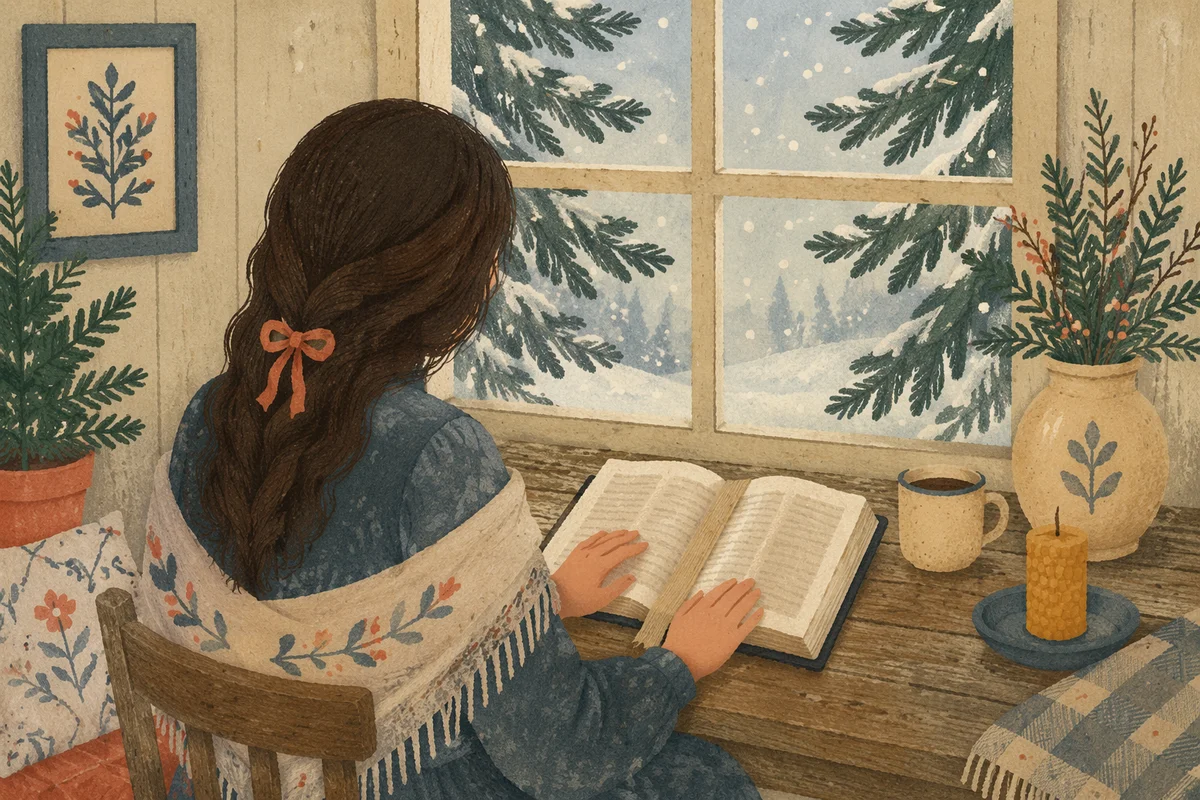 Woman Reading Bible Beside Winter Window