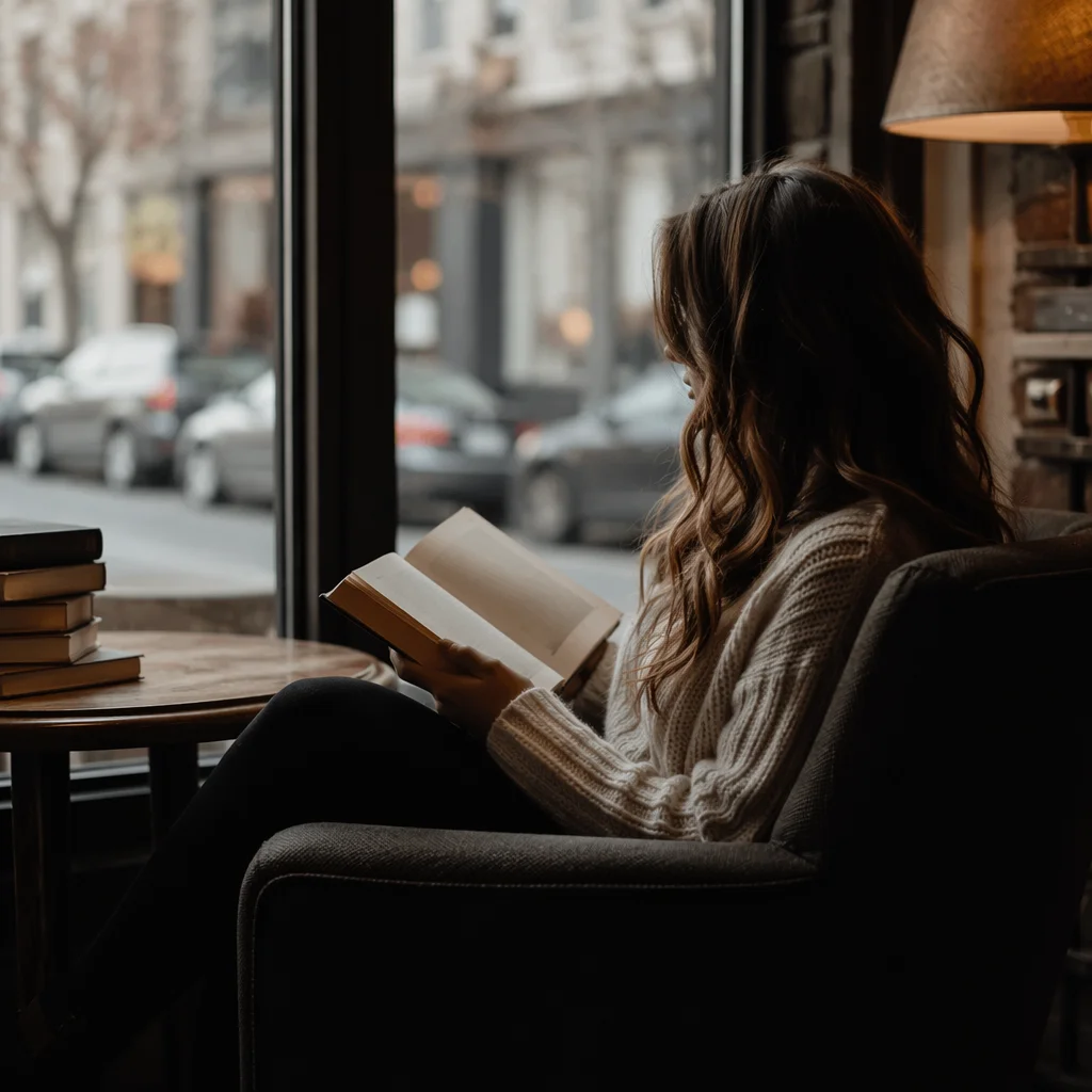 Woman Reading Bible by Cafe Window