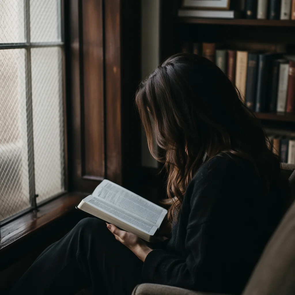 Woman Reading Bible Beside Frosted Window