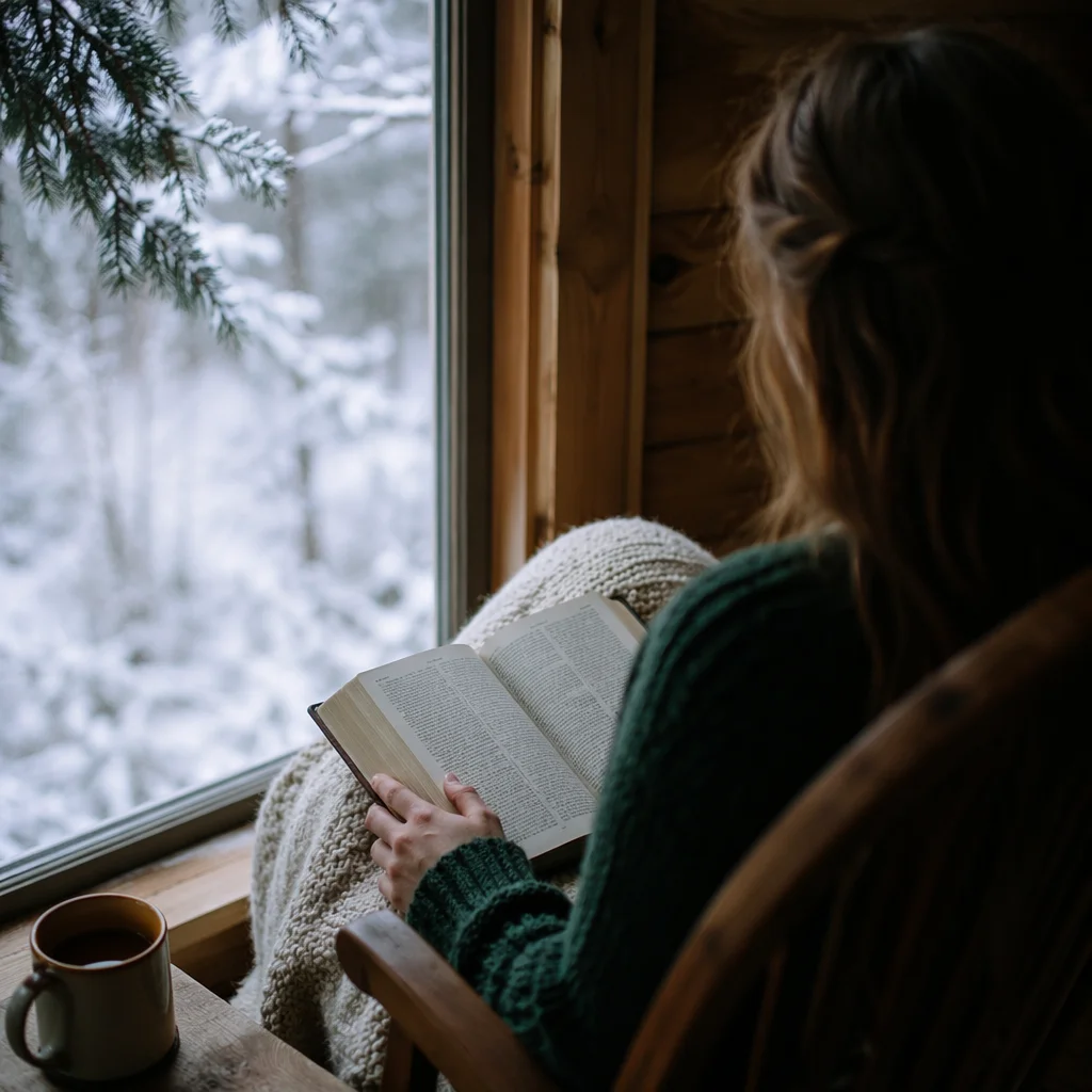 Woman Reading Bible Beside Snowy Evergreen Window