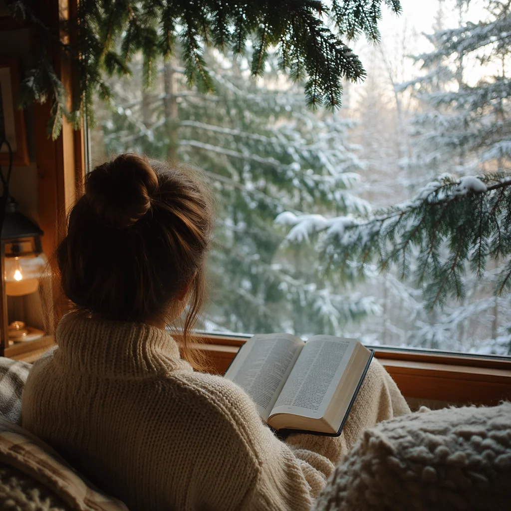 Woman Reading Bible by Winter Window