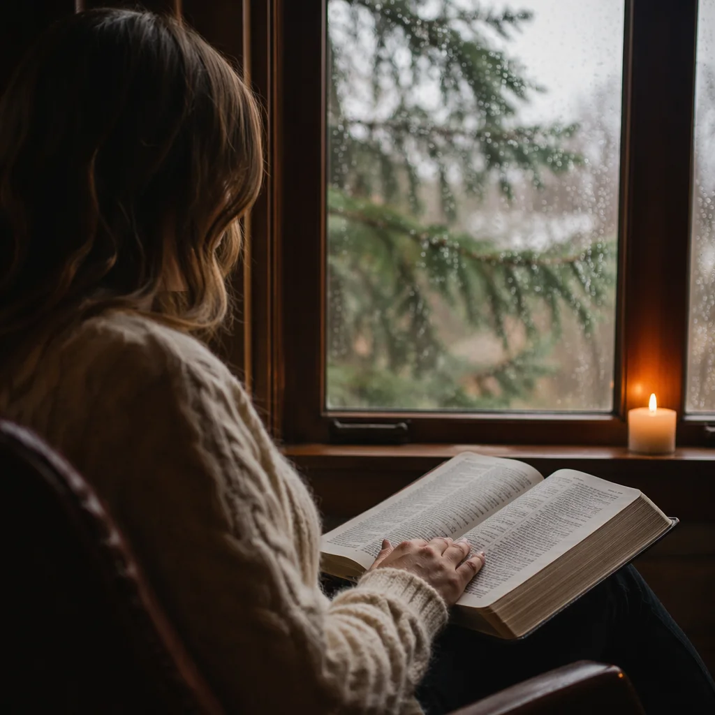 Woman Reading Bible by Rainy Cottage Window