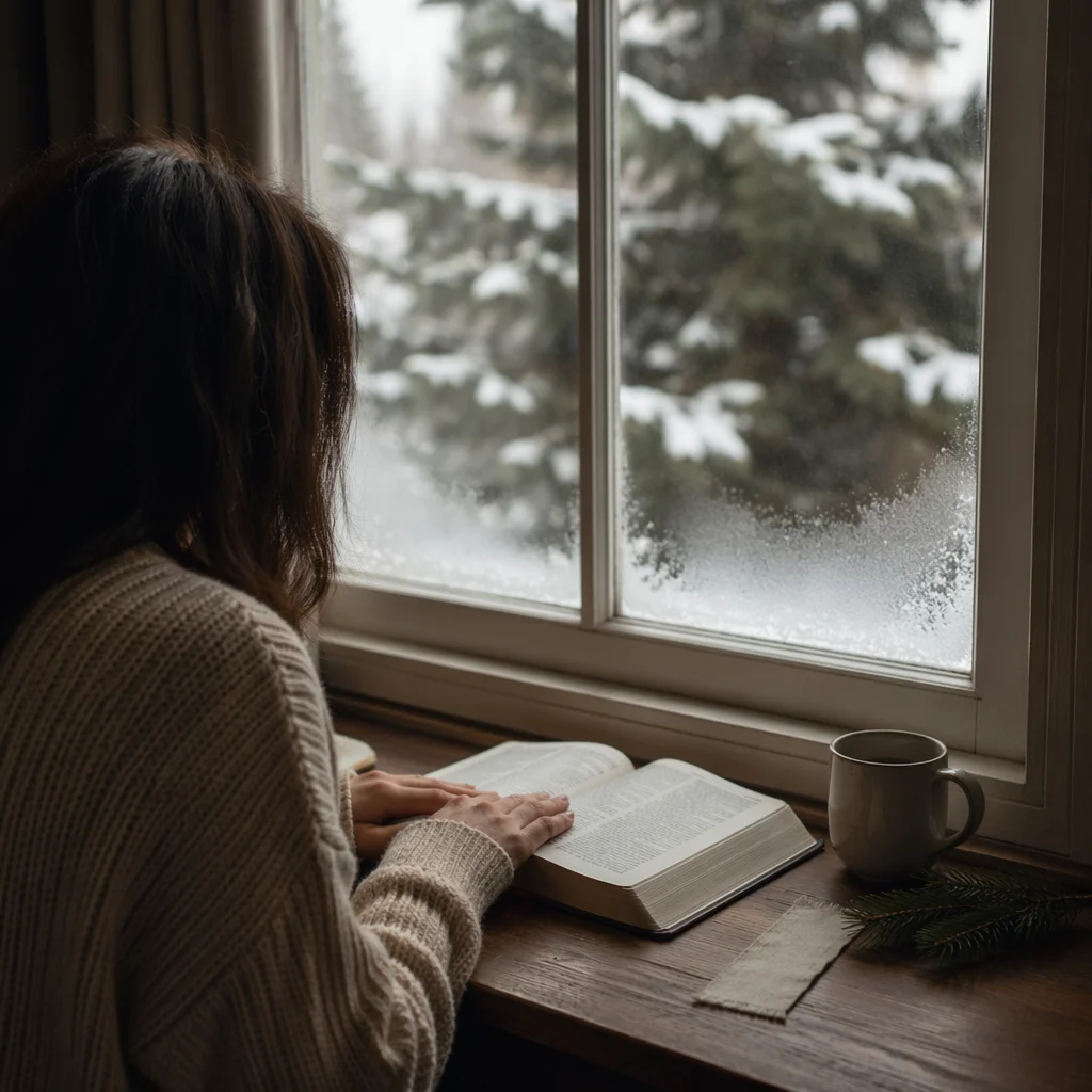 Quiet Morning Bible Reading by Snowy Window