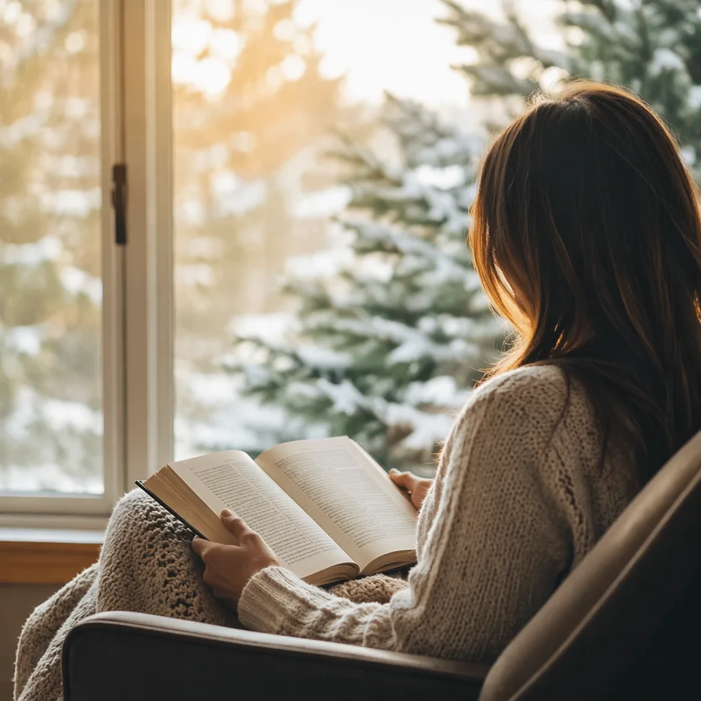 Woman Reading Bible by Frosted Window