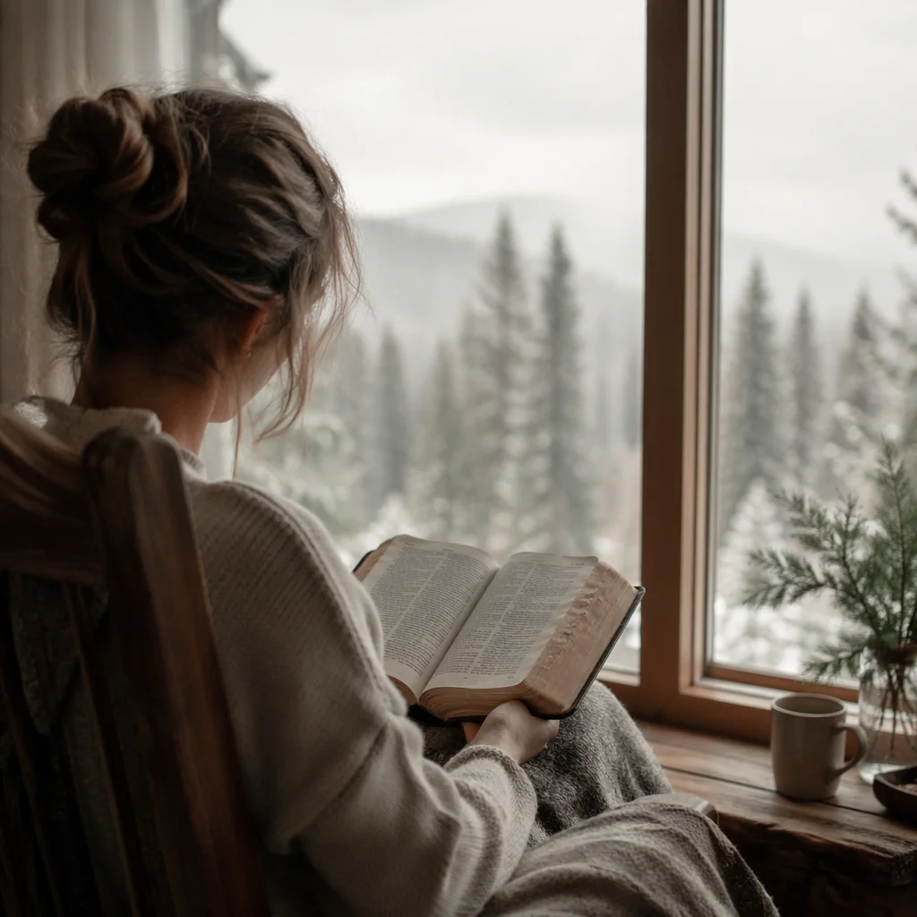 Woman Reading Bible by Winter Window