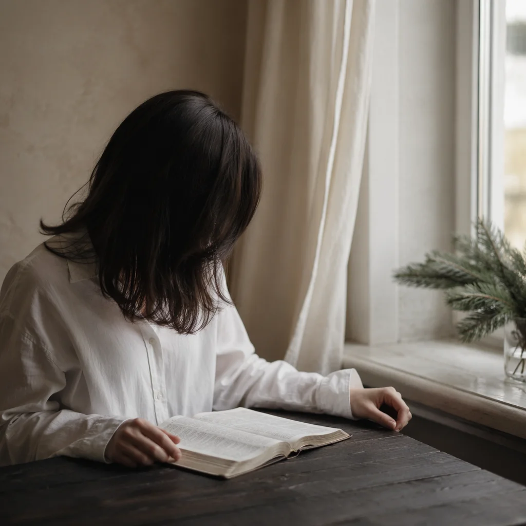 Woman Reading Bible by Bright Window