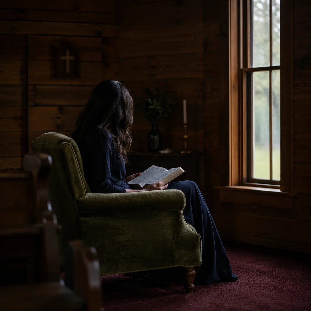 Woman Reading Bible in Rustic Chapel