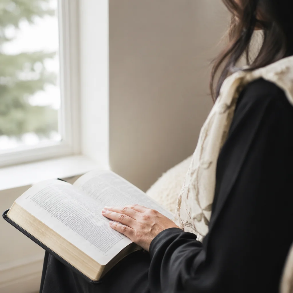 Woman Reading Bible by Bright Window