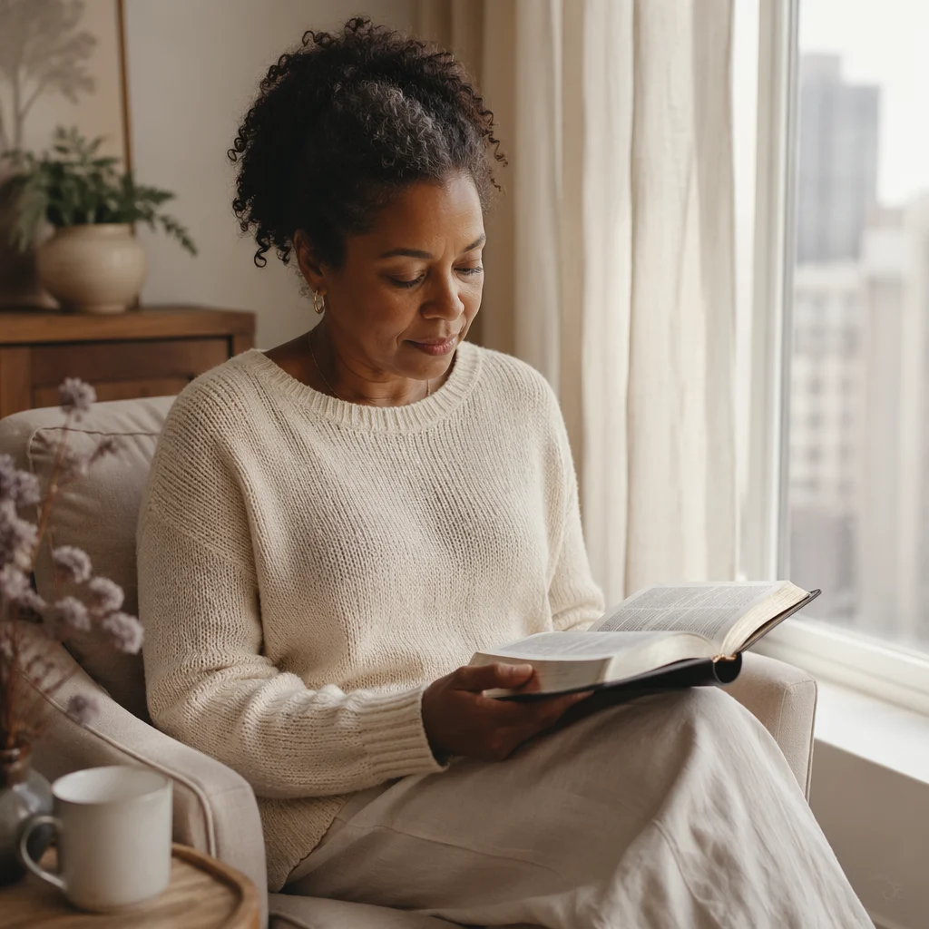Peaceful Woman Reading Bible by Window