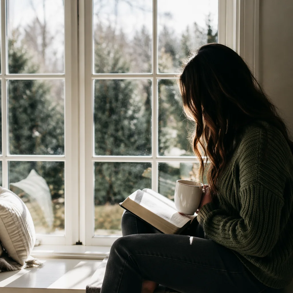 Woman Reading Bible by Winter Window