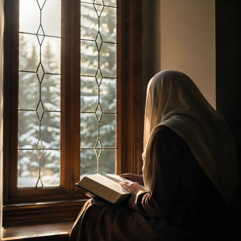 Woman Reading Bible Beside Winter Window