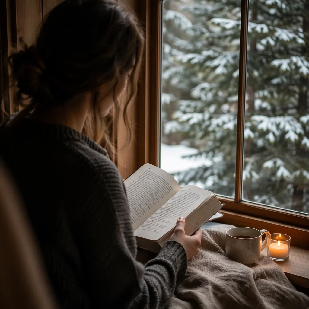 Woman Reading Bible Beside Snowy Evergreen Window