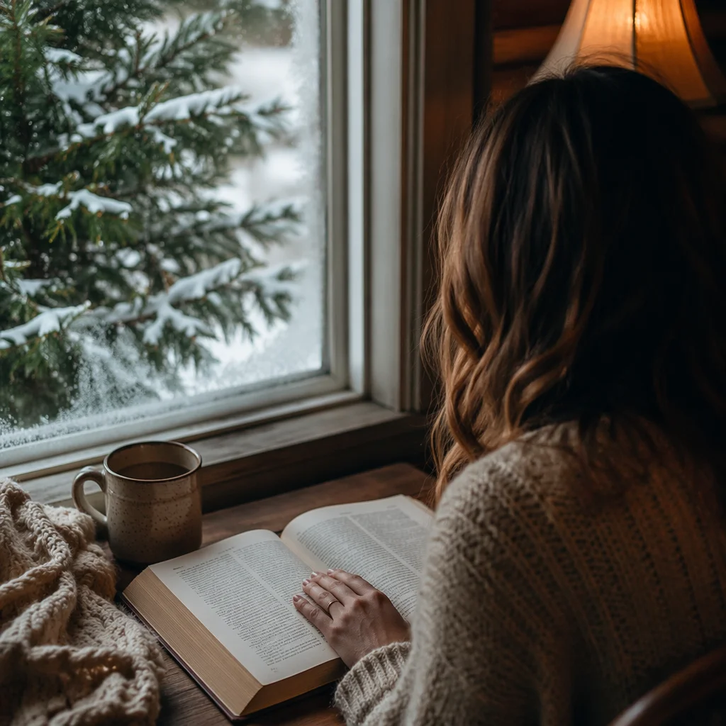 Quiet Morning Bible Reading by Frosted Window