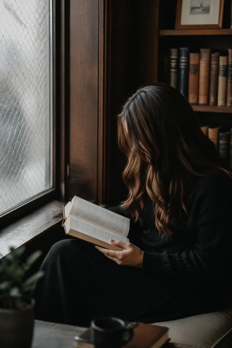 Woman Reading Bible Beside Frosted Window