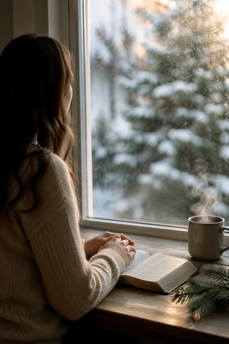 Woman Reading Bible by Snowy Window