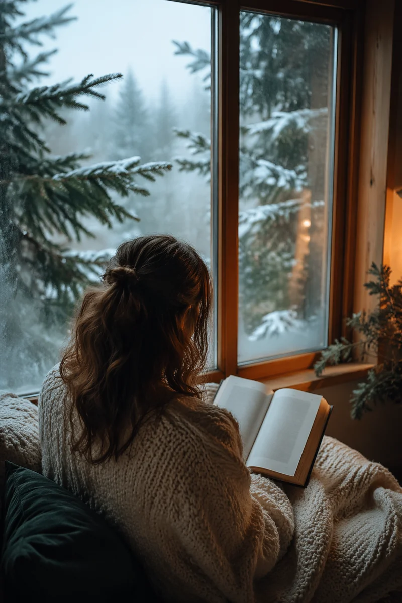 Woman Reading Bible by Frosted Cottage Window
