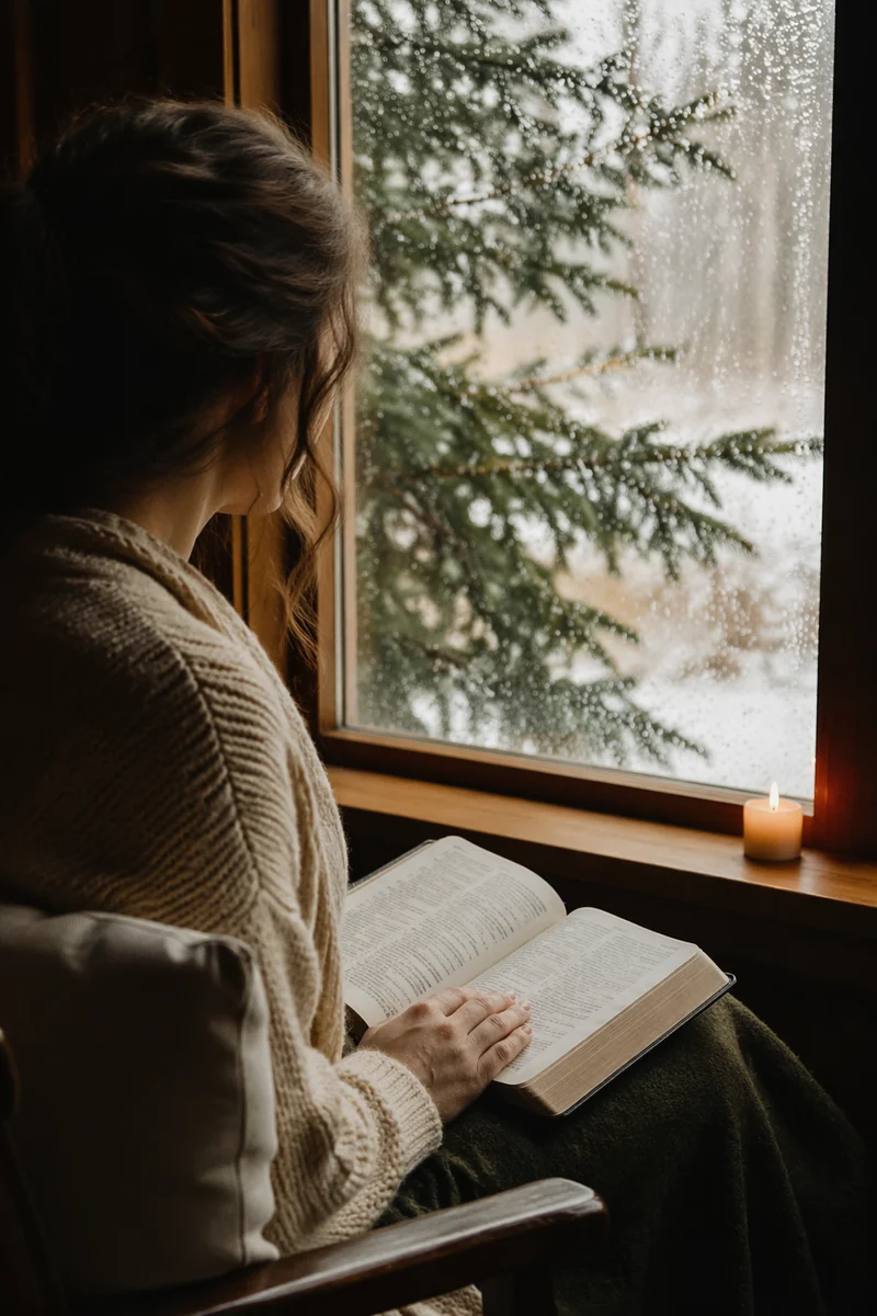 Woman Reading Bible by Rainy Cottage Window