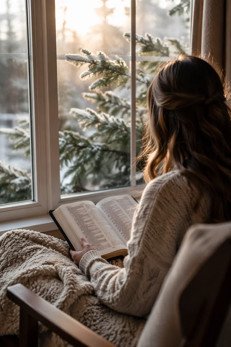 Woman Reading Bible by Frosted Window