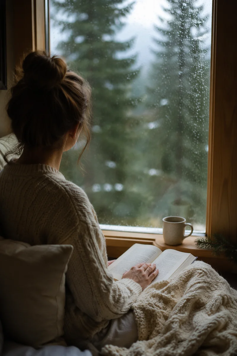 Woman Reading Bible by Rainy Evergreen Window