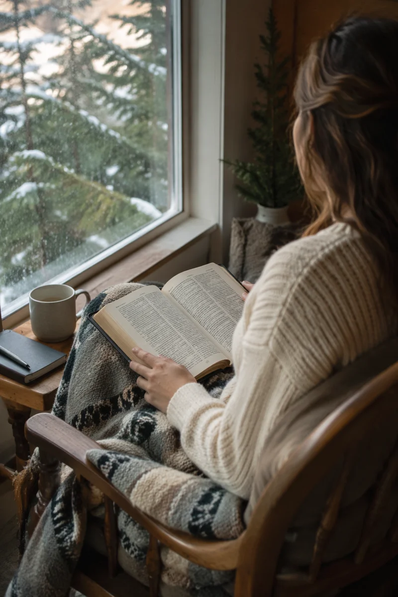 Woman Reading Bible Beside Snowy Evergreen Window