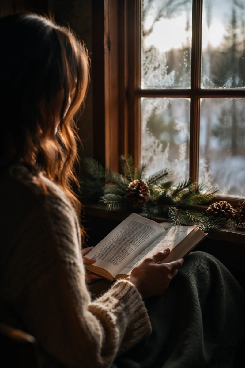 Woman Reading Bible Beside Evergreen Window