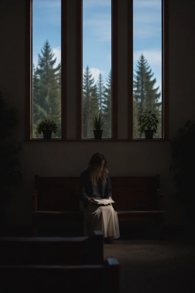 Woman Reading Bible by Evergreen Window