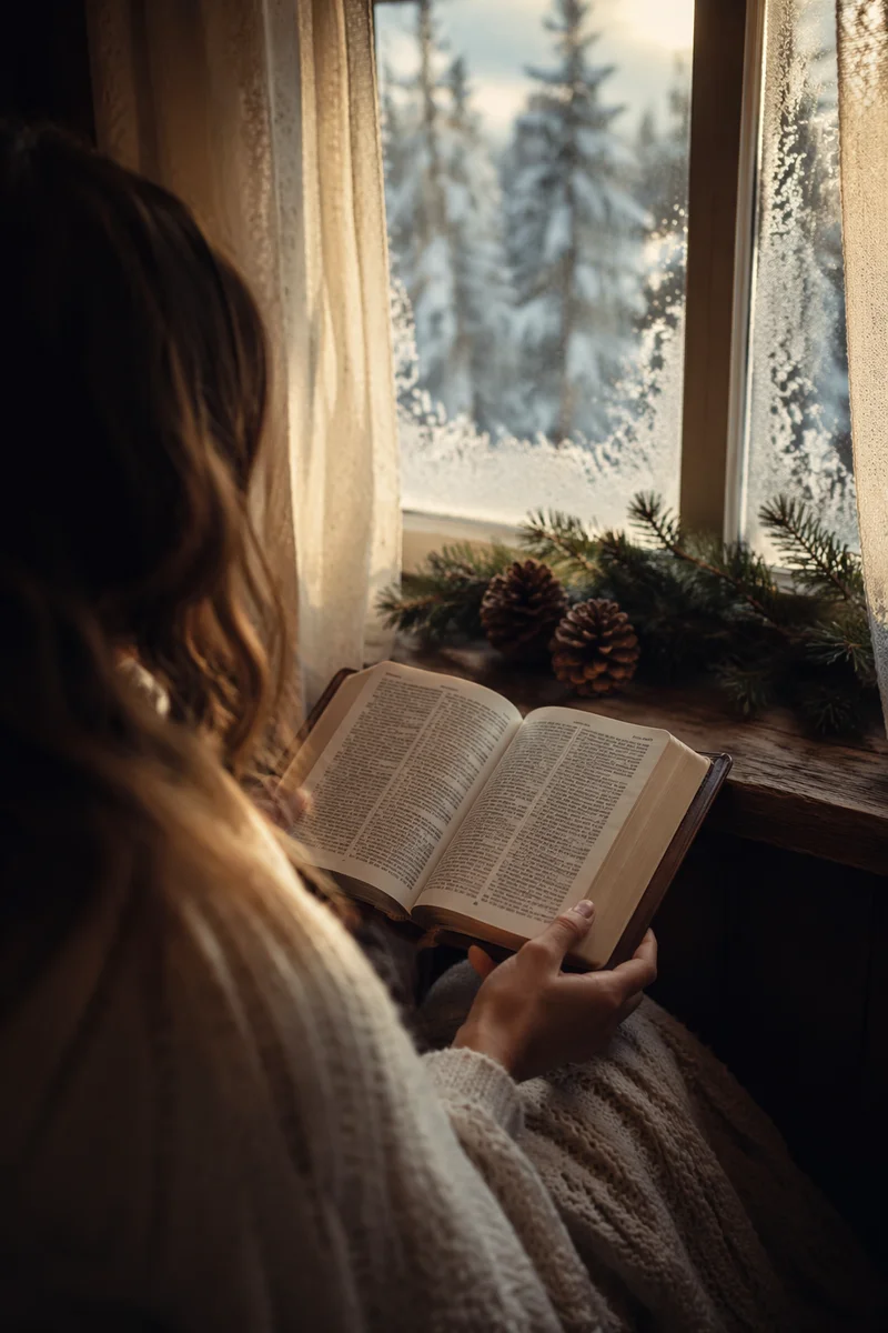 Quiet Bible Reading by Frosted Window
