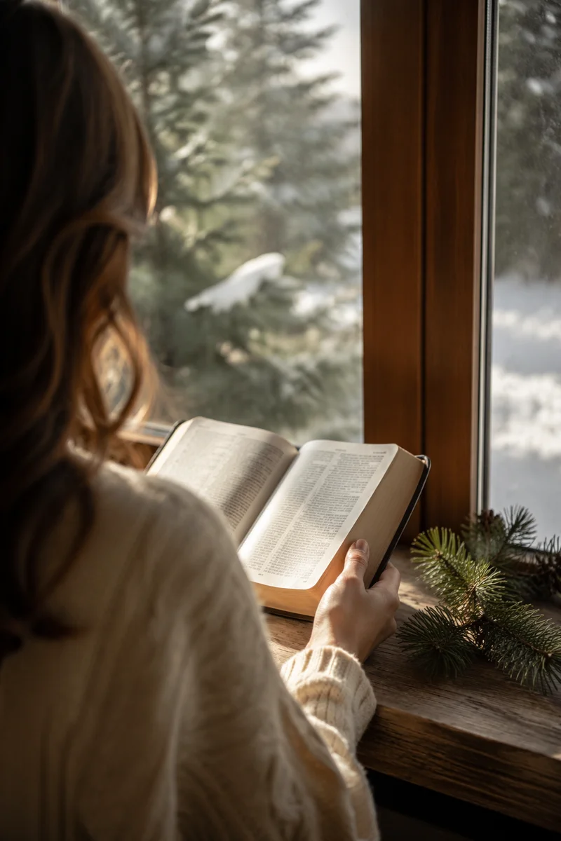 Woman Reading Bible by Winter Window