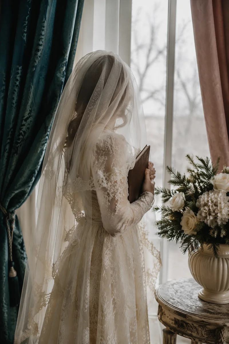 Veiled Woman Reading Bible by Winter Window