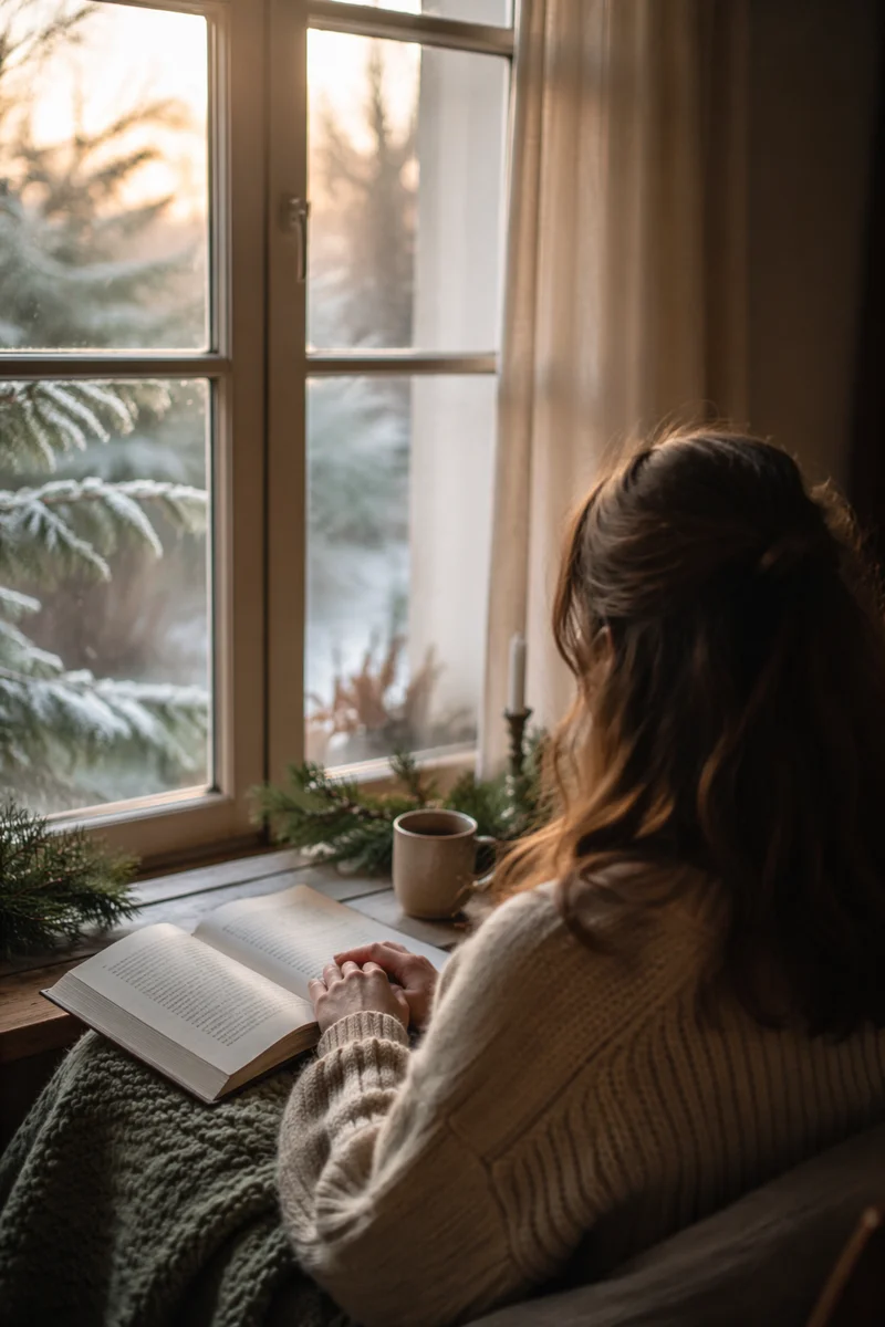 Woman Reading Bible by Frosted Window